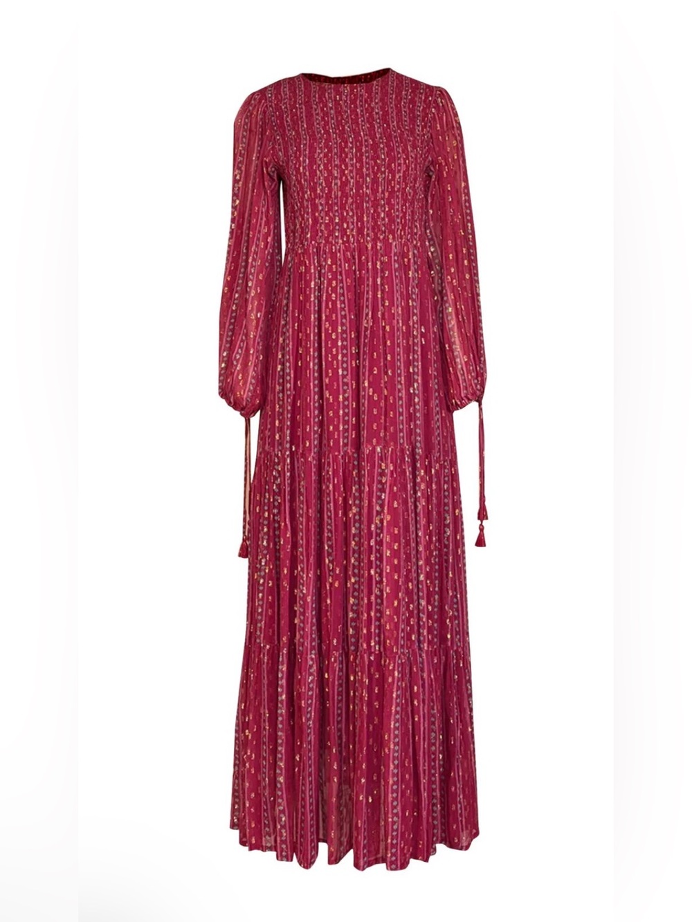 Oliphant Wine-Red Printed Maxi Dress with Long Sleeves